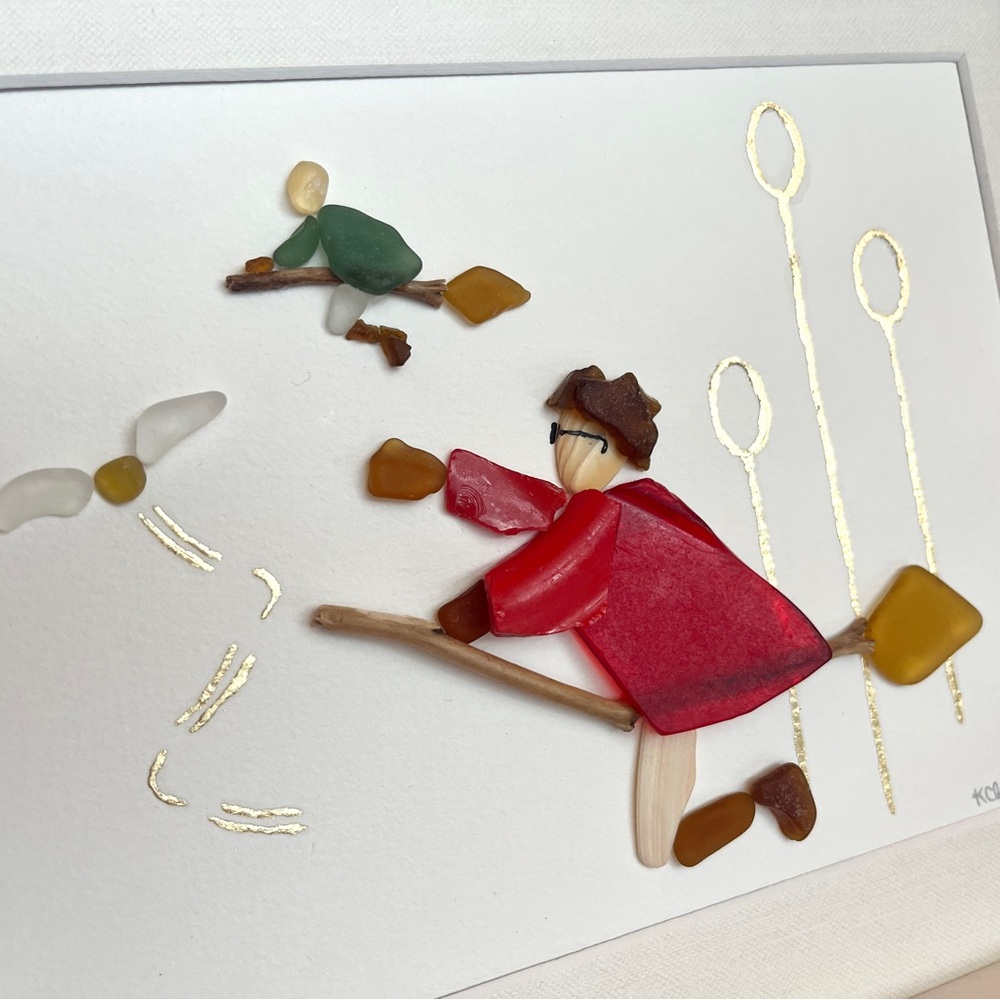 The Aerial Pursuit ~ Framed Sea Glass Art ~ Genuine Sea Glass, Seashells